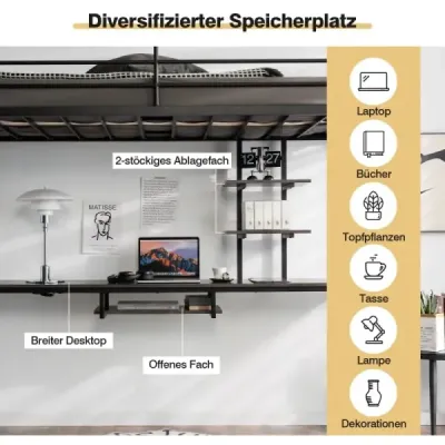 Costway Etagenbettgestell Hochbett aus Metall mit Schreibtisch Leitern und Geländer Schwarz