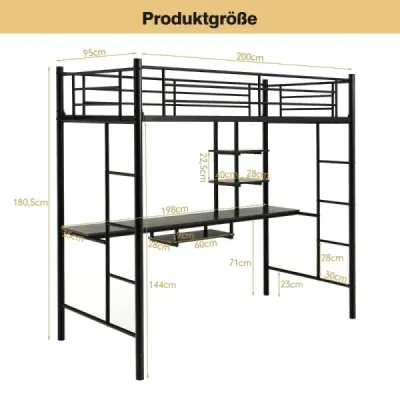 Costway Etagenbettgestell Hochbett aus Metall mit Schreibtisch Leitern und Geländer Schwarz