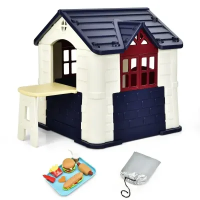 Costway Kinder Spielhaus 164 x 124 x 132 cm Outdoor Kinderhäuschen mit Pickniktisch Blau