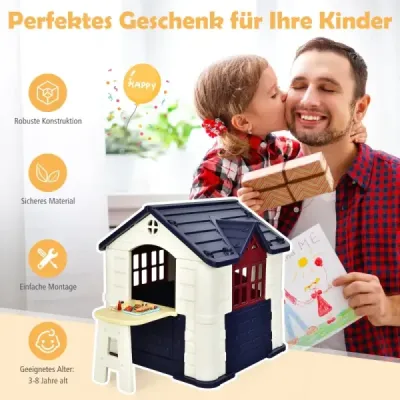 Costway Kinder Spielhaus 164 x 124 x 132 cm Outdoor Kinderhäuschen mit Pickniktisch Blau