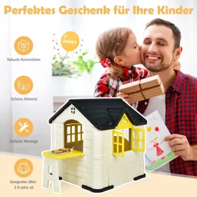 Costway Kinder Spielhaus 164 x 124 x 132 cm Outdoor Kinderhäuschen mit Pickniktisch Gelb