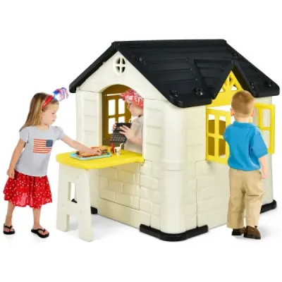 Costway Kinder Spielhaus 164 x 124 x 132 cm Outdoor Kinderhäuschen mit Pickniktisch Gelb