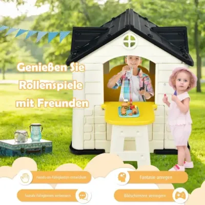 Costway Kinder Spielhaus 164 x 124 x 132 cm Outdoor Kinderhäuschen mit Pickniktisch Gelb