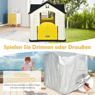 Costway Kinder Spielhaus 164 x 124 x 132 cm Outdoor Kinderhäuschen mit Pickniktisch Gelb