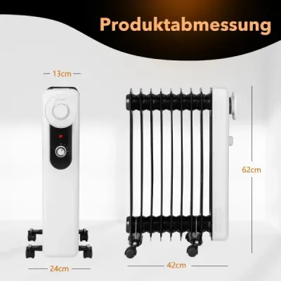 Olejový radiátor s 3 nastaveniami tepla Nastaviteľný termostat 42 x 24 x 62 cm Čierna