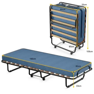 Sklápacia posteľ s matracom Prenosná a pojazdná posteľ pre hostí 190 x 80 x 33 cm Modrá farba vyrobená v Taliansku