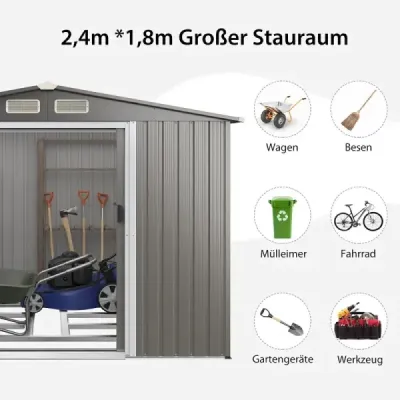 260 x 207 x 180 cm Veľký prístrešok na náradie so základom a dvojitými dverami a rampou svetlosivá