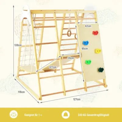 Costway 8-in-1-Klettergerüst Indoor-Spielplatz mit Klettergerüst 127 x 118 x 138 cm Natur