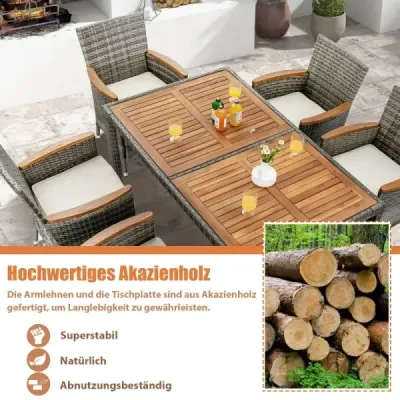 Costway 7-teiliges Terrassenmöbel-Set für den Außenbereich Korbmöbel-Set mit Esstisch Grau