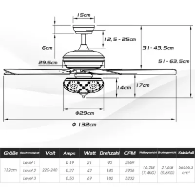 132cm stropný ventilátor drevo s osvetlením reverzibilný ventilátor s lampou 4H časovač biely