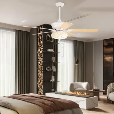 132cm stropný ventilátor drevo s osvetlením reverzibilný ventilátor s lampou 4H časovač biely