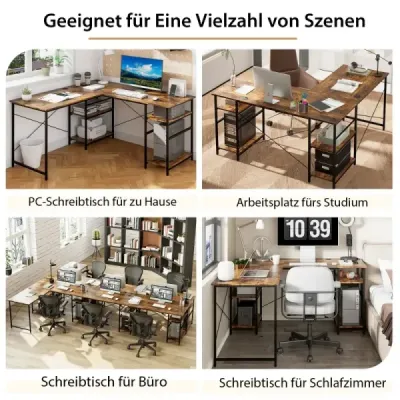 Costway Schreibtisch L-Form Reversibler Eckschreibtisch mit 4 Ablagen 151 x 151 x 75 cm Rustikales Braun