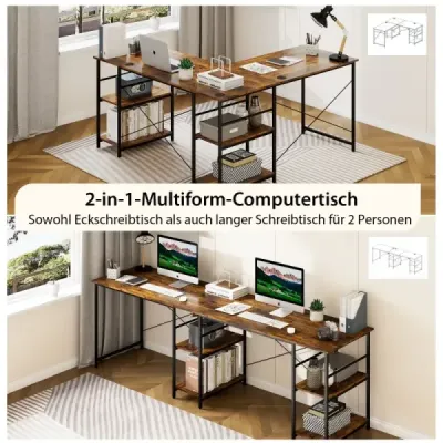 Costway Schreibtisch L-Form Reversibler Eckschreibtisch mit 4 Ablagen 151 x 151 x 75 cm Rustikales Braun