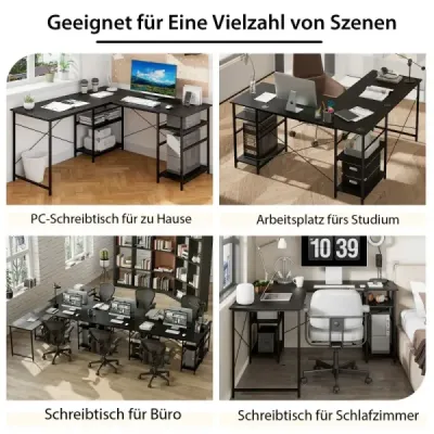 Costway Schreibtisch L-Form Reversibler Eckschreibtisch mit 4 Ablagen 151 x 151 x 75 cm Schwarz