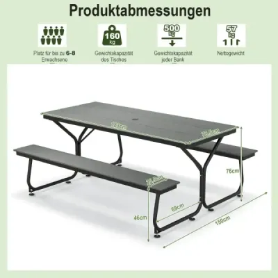 Costway 3-teiliges Picknicktisch & Bank-Set mit Holzähnlicher Textur für 8 Personen Grau