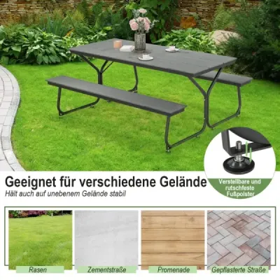 Costway 3-teiliges Picknicktisch & Bank-Set mit Holzähnlicher Textur für 8 Personen Grau