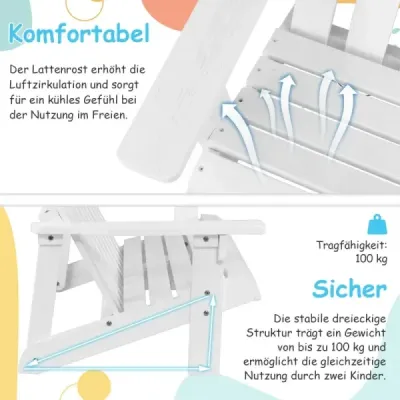 Detská stolička Adirondack 2-miestna drevená stolička Adirondack biela 99 x 51 x 56,5 cm