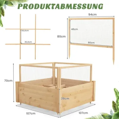 Vyvýšený záhon s ohrádkou Drevený box na sadenie so štvorstrannou ochrannou ohrádkou a roštom na rastliny 107 x 107 x 70 cm