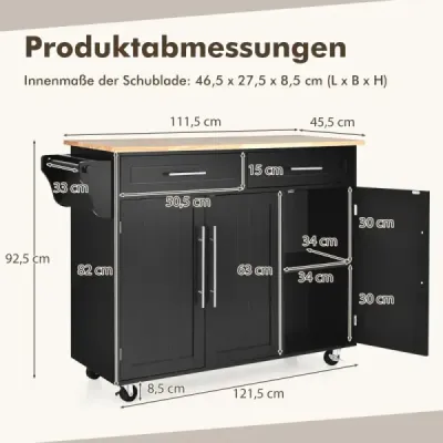 Costway Kücheninsel auf Rädern mit 2 Schubladen und 2 Schränken mobiler Küchenwagen mit Arbeitsplatte Schwarz