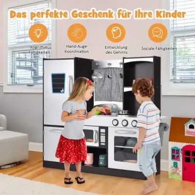 Costway Kinderküche aus Holz Kinder Spielküche mit Kühlschrank & Viel Stauraum 97 x 30 x 95 cm Braun