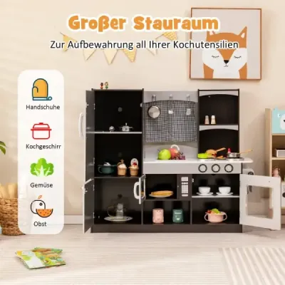 Costway Kinderküche aus Holz Kinder Spielküche mit Kühlschrank & Viel Stauraum 97 x 30 x 95 cm Braun