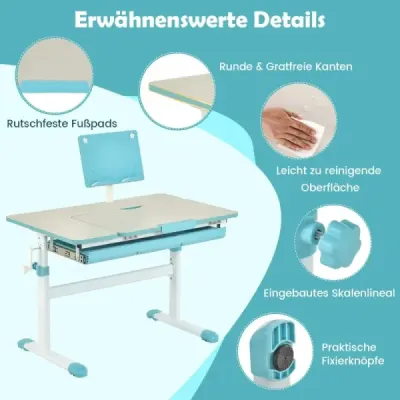 Výškovo nastaviteľný detský písací stôl s výklopnou doskou a stojanom na knihy (modrý stôl)