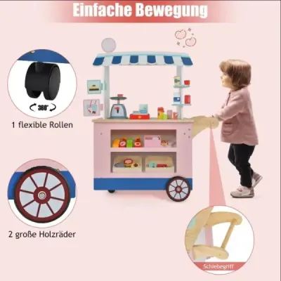 Costway Kinder Lebensmittelwagen aus Holz auf 3 Rädern mit Kasse Foodtruck für Kinder ab 3 J.