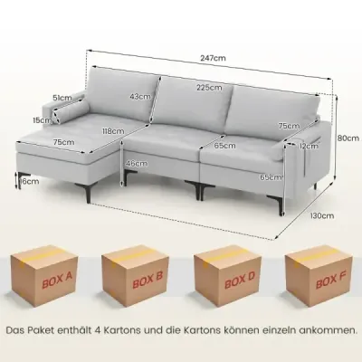 Costway Mehre Kombination Sofa Collection Sektionen Modular mit USB-Ports & Steckdose Hellgrau 247 x 130 x 80 cm