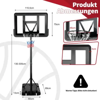 130 - 305 cm Basketbalový stojan so sieťou a 2 kolieskami Výškovo nastaviteľný čierny