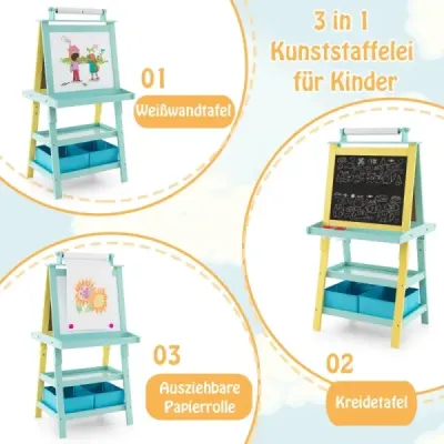 Costway 3 in 1 Kinder Staffelei Doppelseitig Whiteboard & Kreidetafel & Zeichenpapier Gelb + Blau