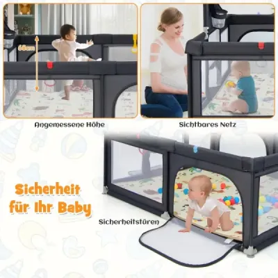 Costway 207 x 145 cm Baby Laufstall mit Matratze & Basketballkorb & Fußballnetzen Dunkelgrau