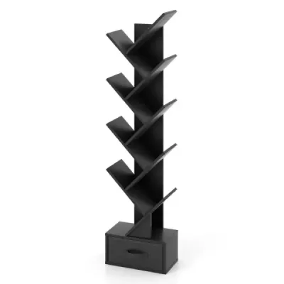 10 Tier Tree Bookcase so zásuvkou Floor Standing Storage Shelf Black