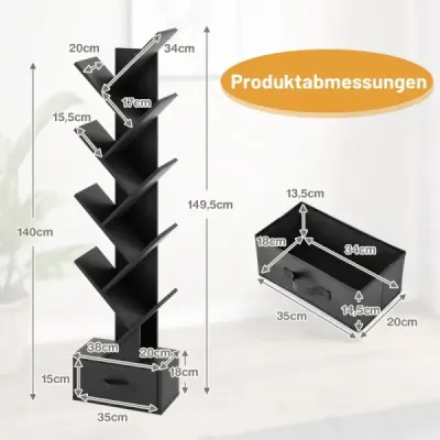 10 Tier Tree Bookcase so zásuvkou Floor Standing Storage Shelf Black