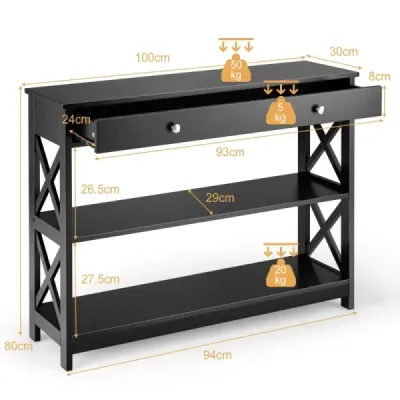 3 úrovňový konzolový stolík so zásuvkou predsieňový stolík z dreva 100 x 30 x 80 cm čierny