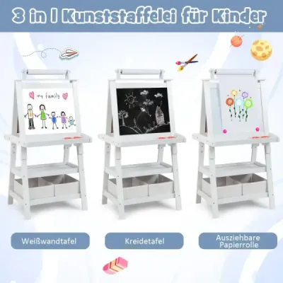 Costway 3 in 1 Kinder Staffelei Doppelseitig Whiteboard & Kreidetafel & Zeichenpapier Standtafel Weiß