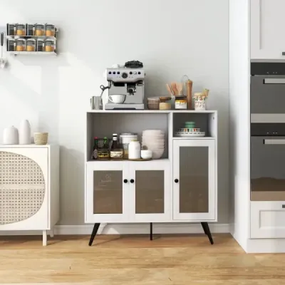 Costway Küchenschrank aus Holz mit Glastüren mit verstellbaren Einlegeböden Sideboard Weiß