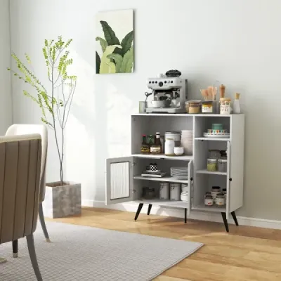 Costway Küchenschrank aus Holz mit Glastüren mit verstellbaren Einlegeböden Sideboard Weiß