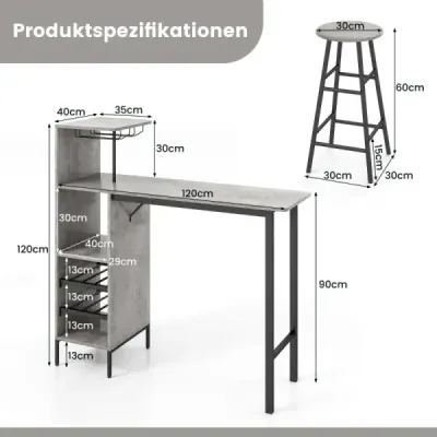 Costway 3-teiliges Bartisch- & Stuhl-Set Industrieller Pub-Tisch & Hocker Grau