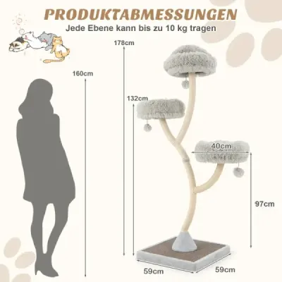 Strom pre mačky 178 cm so sisalovými škrabadlami a 3 teplými plochami na ležanie a plyšovými loptičkami Béžová