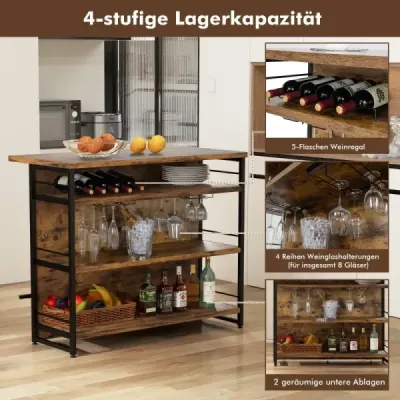 Costway Hausbar Schrank mit 4 offenen Ablagen & Weinregal & Gläserhalter & Verstellbaren Fußpolstern