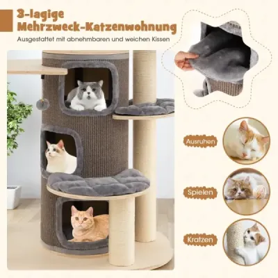 Drevené škrabadlo 173 cm s jaskyňou pre mačky a podložkami, loptou a závesným lanom Cat Tree Grey