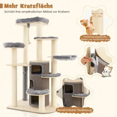 Drevené škrabadlo 173 cm s jaskyňou pre mačky a podložkami, loptou a závesným lanom Cat Tree Grey