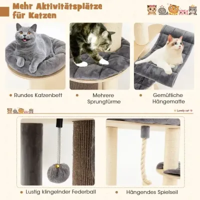 Drevené škrabadlo 173 cm s jaskyňou pre mačky a podložkami, loptou a závesným lanom Cat Tree Grey