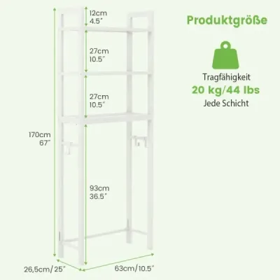 170 cm WC polica s 3 policami a výškovo nastaviteľnou priečkou WC polica Biela