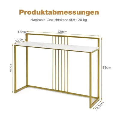 Costway 120 cm Konsolentisch mit Marmoroptik & Goldfarbenem Metallgestell Moderner Flurtisch Weiß