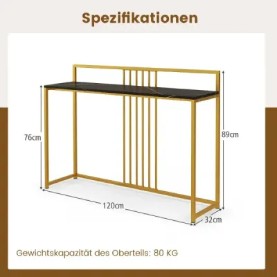 Costway 120 cm Konsolentisch mit Marmoroptik & Goldfarbenem Metallgestell Moderner Flurtisch Schwarz