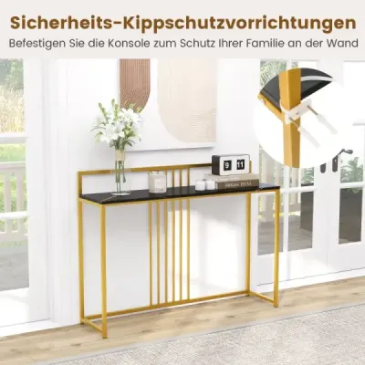 Costway 120 cm Konsolentisch mit Marmoroptik & Goldfarbenem Metallgestell Moderner Flurtisch Schwarz