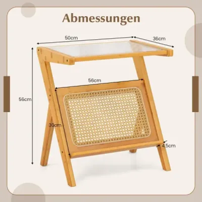 Bambusový bočný stolík s držiakom na časopisy z ratanu a konferenčným stolíkom z tvrdeného skla v tvare písmena Z