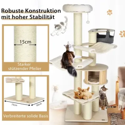 Costway 197 cm 7-stöckiger Holz Kratzbaum mit Hängematte & Katzenhöhle & Hängekorb & Bällen Katzenbaum