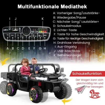 Costway 2 Sitzer Elektroauto mit Schaukelmodus & Automatische Ladefläche & Musik & Scheinwerfer Schwarz